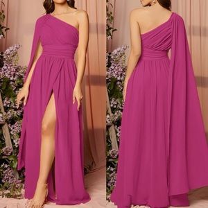 Luxe pink shoulder draped detail party bridesmaids evening dress